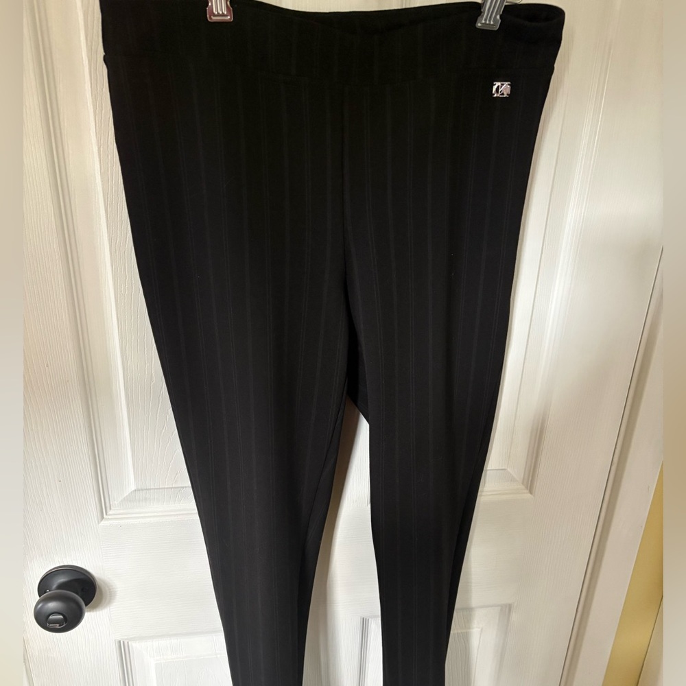 Black Pinstripe Pull-On Pants with Small Logo